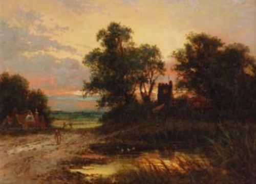 Lot 138 - Frank Hider, Rural view with church at sunset, oil
