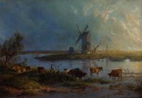 Lot 158 - Thomas George Cooper, Cattle watering in river landscape, oil