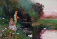Lot 202 - J. Mackay, Figures beside a river, watercolour