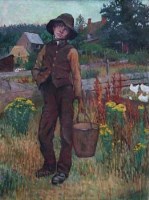 Lot 59 - A. Wyatt, 19th/ 20th century, Boy with hens, oil