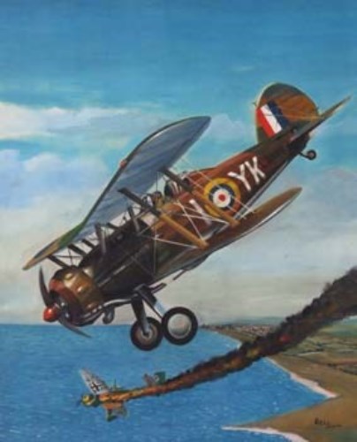 Lot 67 - Bell, 20th century, Fairey Swordfish shooting down a Stuka Junkers Ju 87 Dive Bomber, acrylic