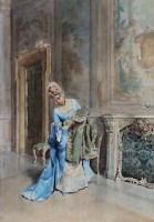 Lot 135 - Carlo Randanini, Lady reading note, watercolour