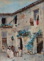 Lot 136 - Ettore Simonetti, Courtyard scene, watercolour