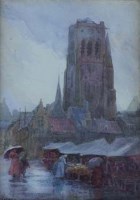 Lot 144 - Isabel Lewis, Wet Market in Furnes, Belgium, watercolour
