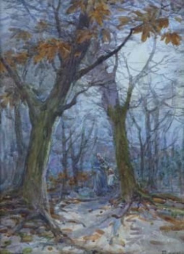 Lot 146 - I. Lewis, Figures In Autumn Woodland, watercolour