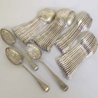 Lot 195 - Silver part suite Kings flatware, three silver berry spoons.