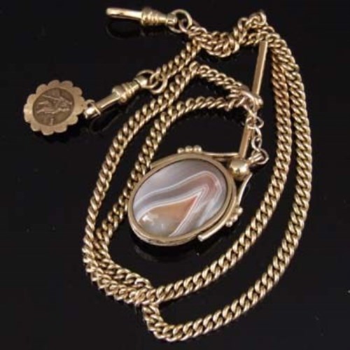 Lot 221 - 9ct gold double watch chain with agate fob and a