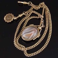 Lot 221 - 9ct gold double watch chain with agate fob and a