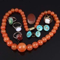 Lot 311 - Agate Beads; Cameo Scarf Retainer; Oval Brooch & Three rings.