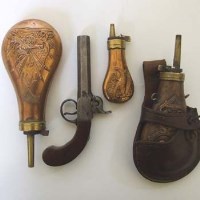 Lot 415 - Percussion box lock pistol and three flasks.