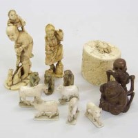 Lot 515 - Two Ivory okimonos, boxwood okimono, eight animals, and an oval lidded ivory box.