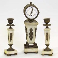 Lot 627 - French alabaster small clock garniture.