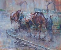 Lot 40 - Mick Cawston, Race horses, oil