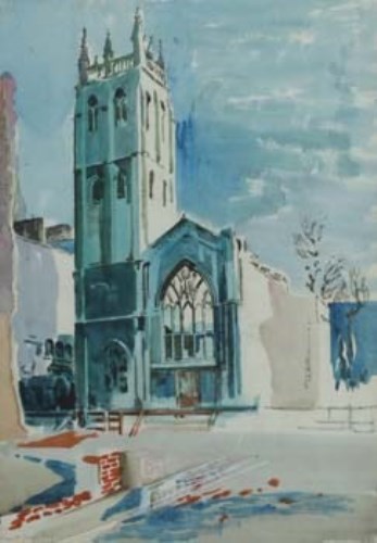 Lot 91 - Kenneth Green, Blitzed Church, watercolour and two others (3)