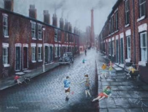 Lot 95 - Bernard McMullen, Children playing in the street, pastel