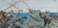 Lot 116 - Geoffrey Moss, Sea Pinks and Wrecks, watercolour