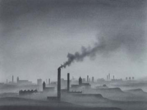 Lot 128 - Trevor Grimshaw, Urban landscape with smoking chimneys, pencil