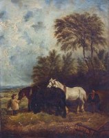 Lot 155 - English School, 19th Century, Rural view with horses and ploughman, oil