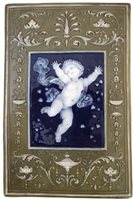 Lot 196 - Birks and Co. plaque by Lawrence Albion Birks circa 1900, decorated with a winged cherub on a blue ground within green border, with frame, 19.2cm x 12.5cm. Condition report: No damage or restoratio...