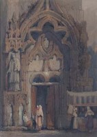 Lot 172 - Samuel Prout, Figures outside an abbey, watercolour
