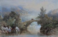 Lot 174 - Cornelius Pearson, Welsh landscape with figures on a bridge, watercolour