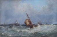 Lot 176 - Edwin Hayes, Fishing boats in stormy seas, watercolour