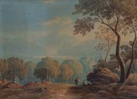 Lot 183 - Attributed to John Varley, Lake scene with figures, watercolour