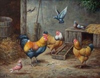 Lot 26 - R. Horton, Doves and chickens, oil