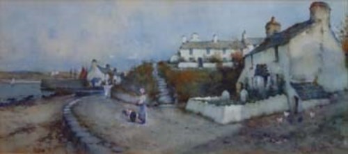 Lot 129 - Joseph Hughes Clayton, Old Cottages, Cemaes Bay, watercolour
