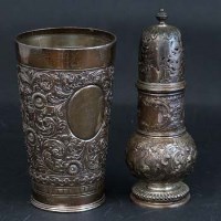 Lot 183 - Embossed silver beaker and an embossed caster (2)