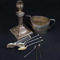 Lot 186 - Silver candlestick, sugar basin, six spoons