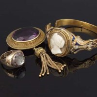 Lot 274 - French cameo bangle; moonstone ring; amethyst