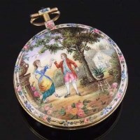 Lot 301 - French open faced verge pocket watch enamelled with 18th cent figures (restored) signed LR poss for Lecointe Renaud of Laon, early 19th cent