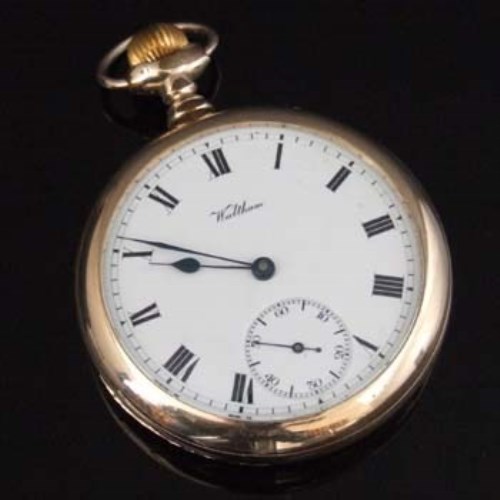 Lot 302 - Gold plated open faced keyless Waltham pocket watch
