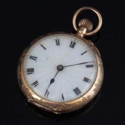 Lot 310 - 14k gold open faced keyless fob watch with guilloche dial, Swiss Waltman movt
