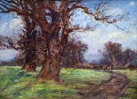 Lot 13 - Percy Rendell, Rural scene with figure and trees, oil