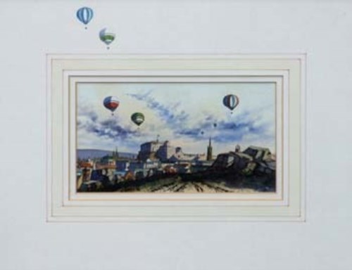 Lot 101 - William Green, Ballooning over Edinburgh, watercolour