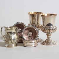 Lot 219 - Four Sheffield plate glass coasters; pair of goblets and a mug (7).