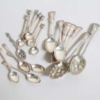 Lot 249 - Six silver thistle top coffee spoons and other