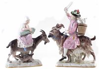 Lot 157 - Two Meissen figures of Tailor of Count Bruehl and his wife riding goats