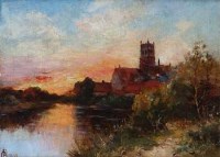 Lot 48 - Carl Brennir, The Banks of the Severn. Cathedral in Distance, oil