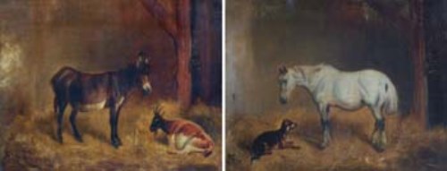 Lot 153 - J.W., 19th century, Donkey and Goat in Stable and one other, oil (2)
