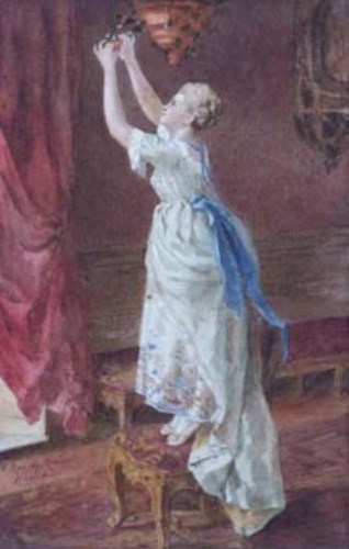 Lot 162 - G. Ronda Rossinolli, Lady standing on a chair hanging floral decoration, watercolour