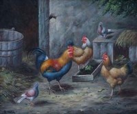 Lot 11 - R. Horton, Farmyard scene with chickens, oil