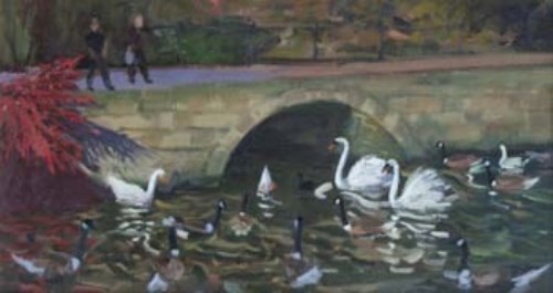 Lot 16 - Andrew Macara, Feeding the Swans, Markeaton Park, Derby, oil