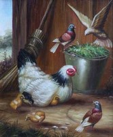 Lot 21 - J. Hibbert, Farmyard scenes with chickens, oil (2)