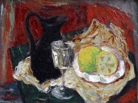 Lot 35 - Clarke Hutton, Still life with wine ewer and lemons, oil