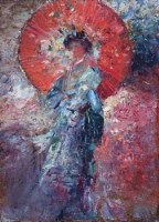 Lot 46 - English School, early 20th century, Lady with parasol, oil