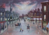 Lot 64 - Bernard McMullen, Manchester street scene with trams and figures, pastel