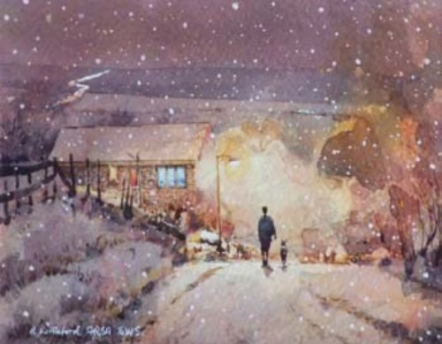 Lot 71 - Robert Littleford, Snowy lane with figure, watercolour